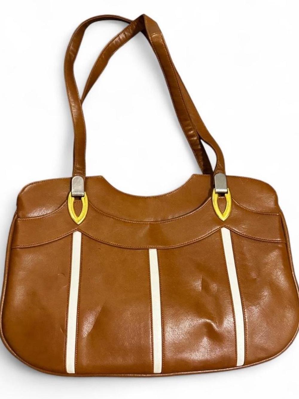Vintage Lou Taylor Brown Leather Bag with Cream Accents